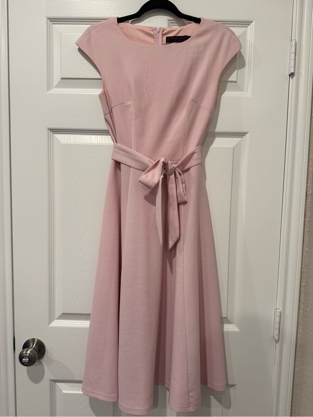 Tahari ASL Soft Pink Midi Fit-and-Flare Dress with Waist Tie
